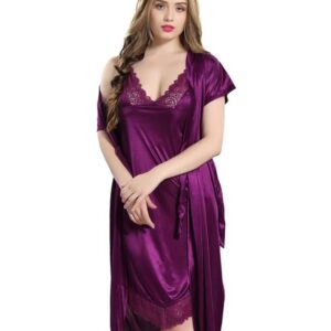 AV2 Women Satin Short Nighty with Lace & Robe 1306