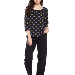 Clovia Cotton Women's Fly Print Top & Solid Pajama Set