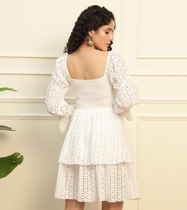 DEEBACO Embroidered Schiffli Smocked Tiered Dress for Women's|Squared Neck Elasticated Puff Sleeves Above Knee Length Fit & Flared|Summer Western Party Casual Wear Dress for Ladies - Image 4