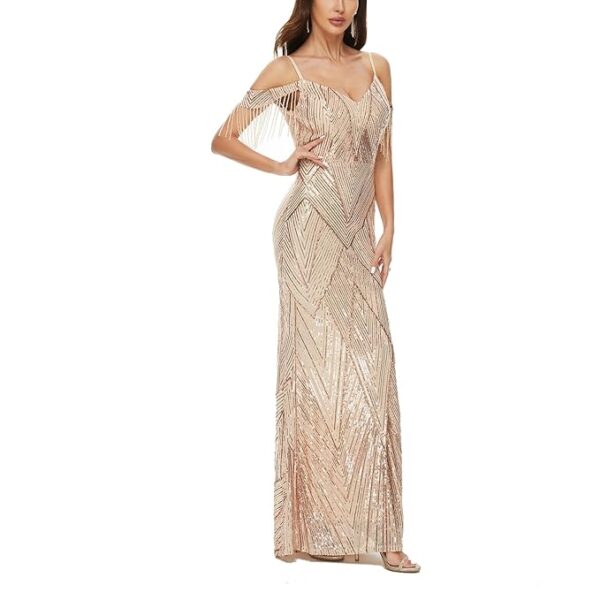 Women's V Neck Off Shoulder Sequin Tassel Mermaid Maxi Prom Dress Sparkly Glitter Evening Gown - Image 2