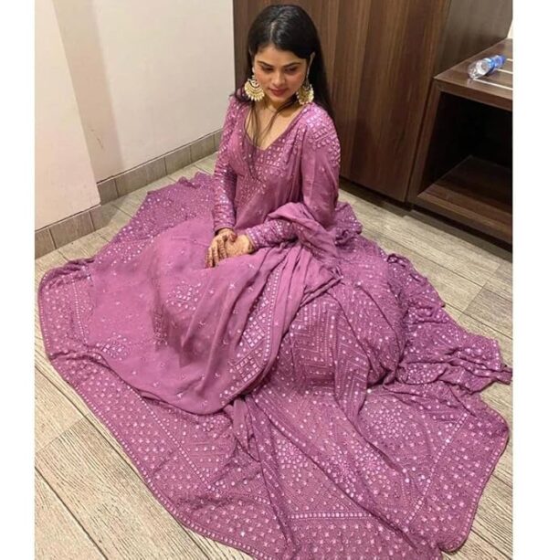 Pristiq Womens Sequence with Thread Embroidery Georgette Maxi Dress Ethnic Wear Comfortable Round Neck Gown with Dupatta Pair (S_A_E_56270) - Image 4