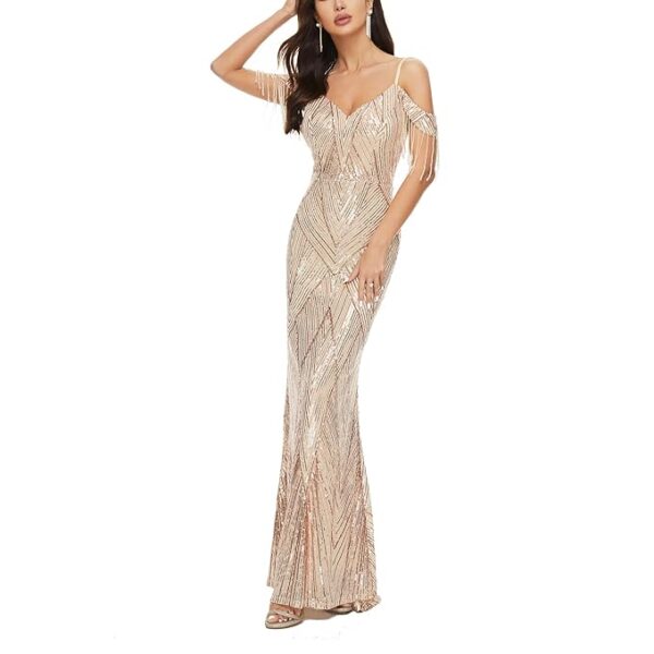Women's V Neck Off Shoulder Sequin Tassel Mermaid Maxi Prom Dress Sparkly Glitter Evening Gown