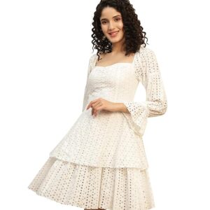 DEEBACO Embroidered Schiffli Smocked Tiered Dress for Women's|Squared Neck Elasticated Puff Sleeves Above Knee Length Fit & Flared|Summer Western Party Casual Wear Dress for Ladies