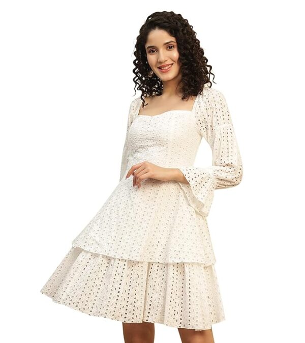 DEEBACO Embroidered Schiffli Smocked Tiered Dress for Women's|Squared Neck Elasticated Puff Sleeves Above Knee Length Fit & Flared|Summer Western Party Casual Wear Dress for Ladies