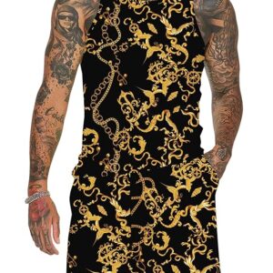 JoZorro Men's Floral Tank Top Set Sleeveless Tees Outfit Luxury Print Casual Sport T-Shirts Tracksuit Hawaii Beach Vacation, Black&gold, Large